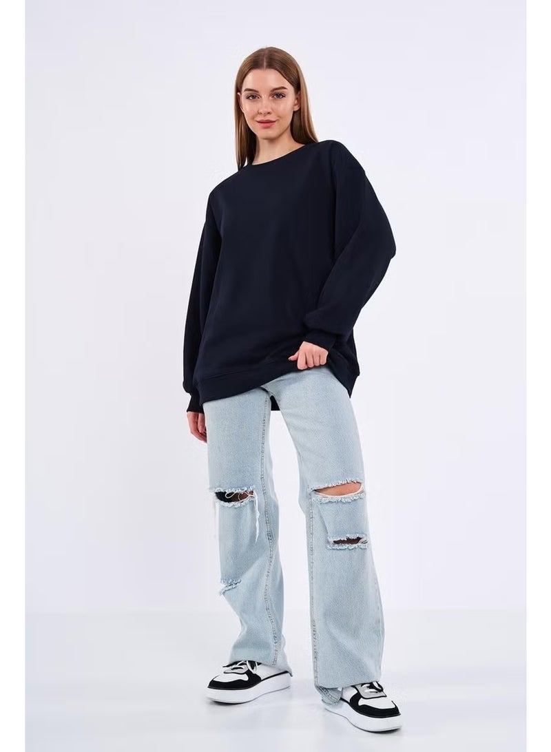 Navy Blue Women's Cotton Oversize Basic Crew Neck Sweatshirt - Image 1